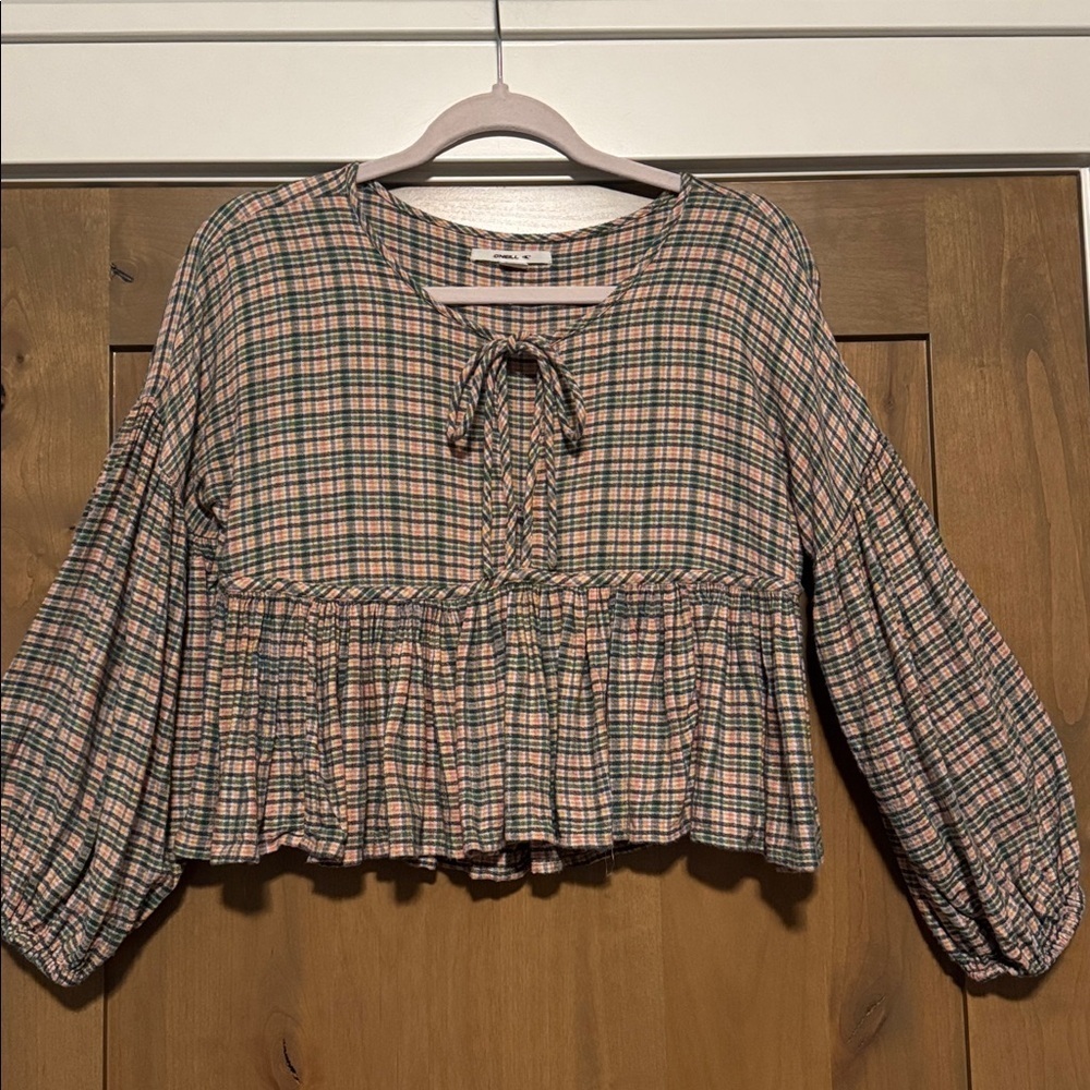 O'Neill Plaid Cropped Peasant Blouse Top Tie Front Balloon Sleeve Womens S Boho